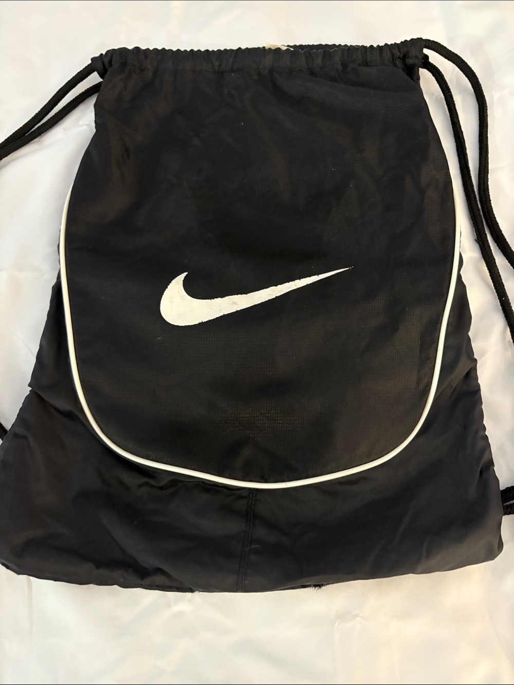 Nike Black Drawstring Gym Sack with White Swoosh and Trim